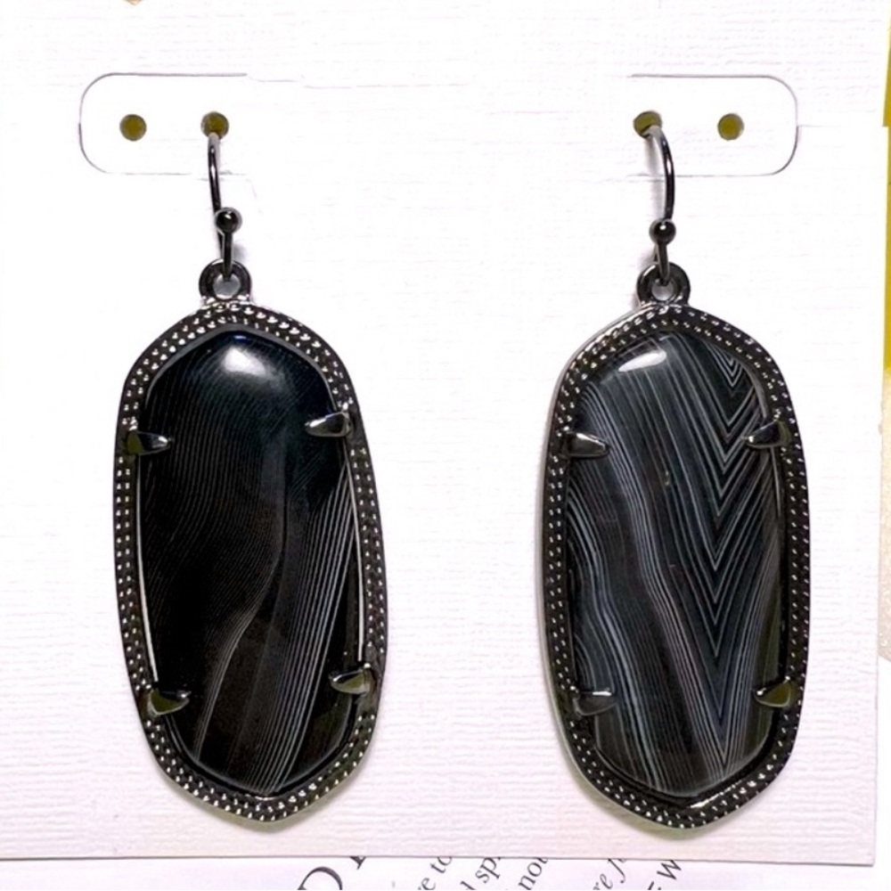 NWT Kendra Scott Elle Earrings Black Banded Agate Gunmetal Perfectly Beautiful! - Picture 6 of 7